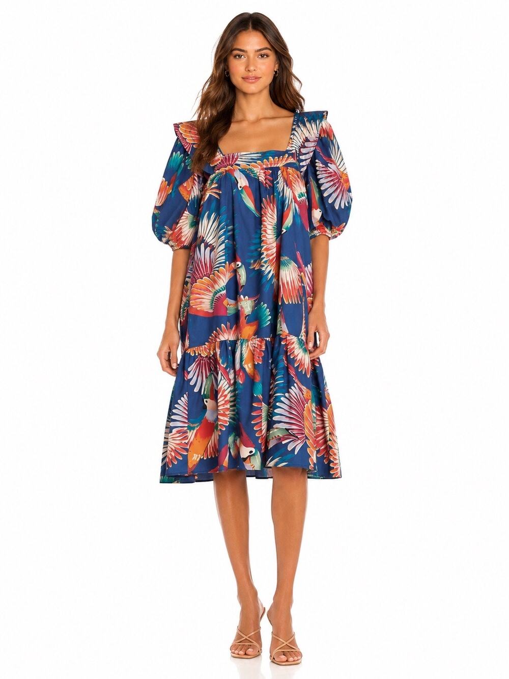 FARM RIO Toucans Square Neck Puff Sleeve Floral Bird Midi Cotton Dress